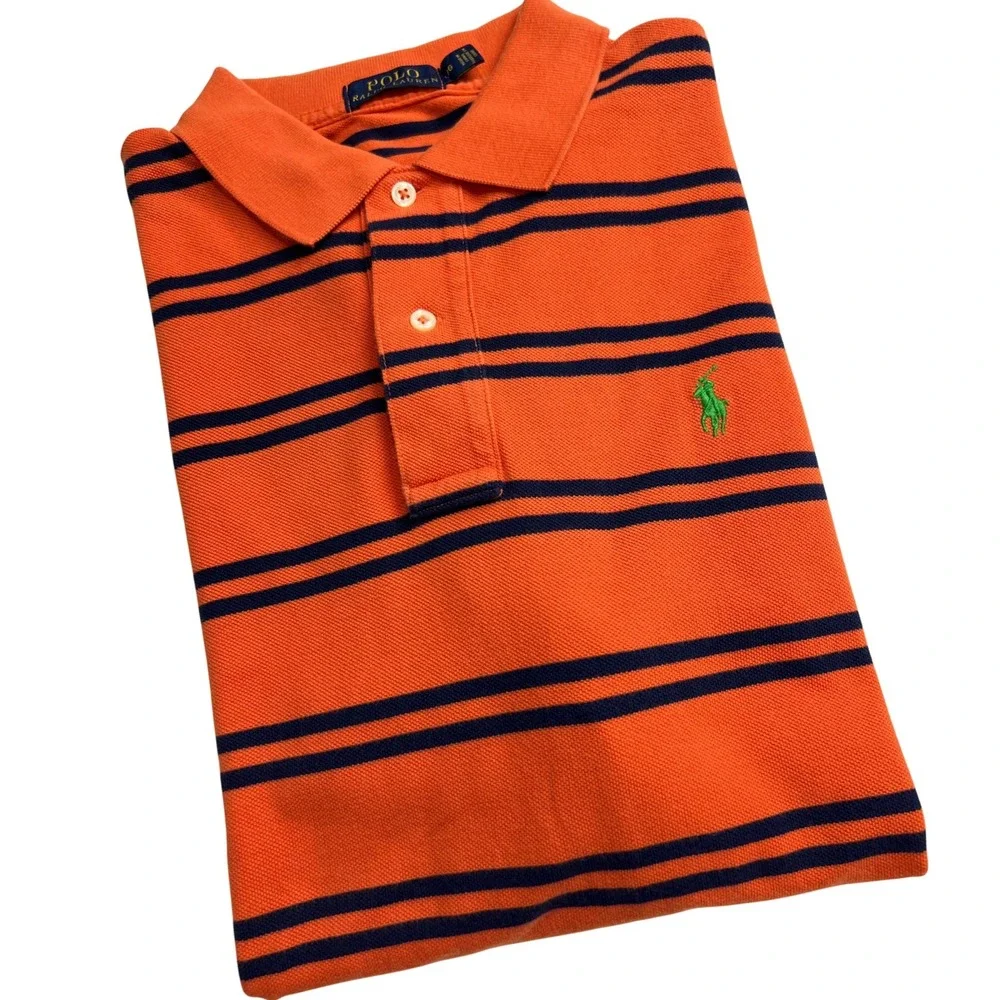 Polo Ralph Lauren Polo Shirt Mens Large Orange Striped Short Sleeve Cotton E19